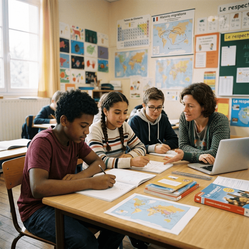 Teacher helping a student write at a classroom desk